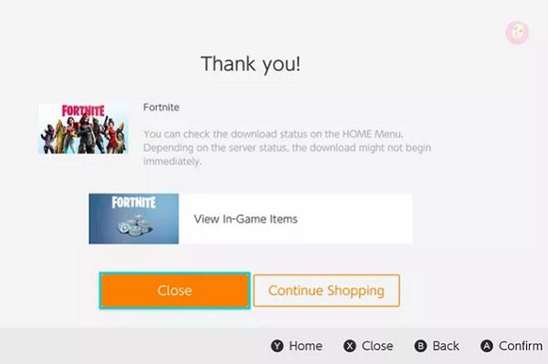 Confirmation page on Nintendo Switch
