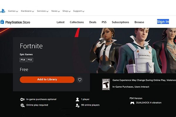 Fortnite on PlayStation Store page