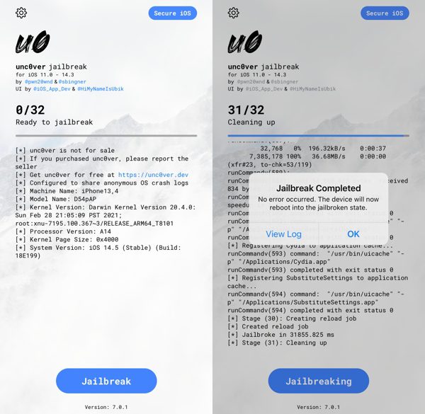 unc0ver 7.0.1 to start the jailbreak